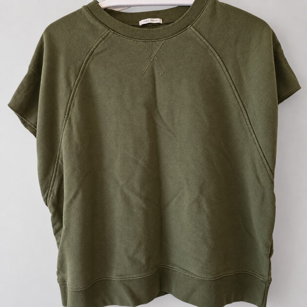 IKKS Women L Olive Green Oversized Short Sleeve Sweatshirt Cotton $105